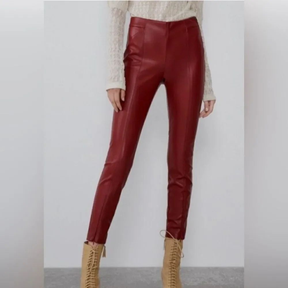 Zara Legging Red Size Medium Faux Leather High Rise Front Zipper Slim Legs Pants